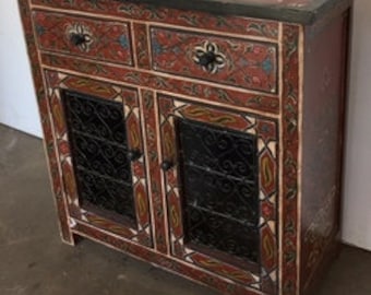 Unique Vintage wooden hand painted cabinet for bedroom kitchen moorish hand painted dresser  moroccan armoire handmade bedroom furniture