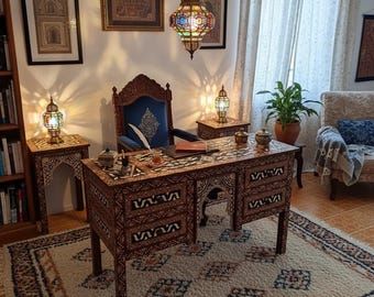 Handmade Carved Wood Desk, Moroccan Moorish Dresser with Bone Resin