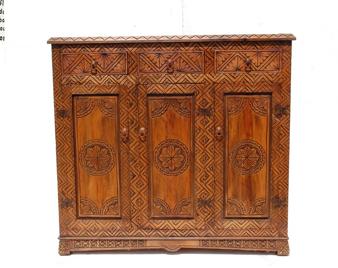 Handmade moorish cedar carved wooden cabinet vintage cedar chest of drawers moroccan furniture bedroom or living room