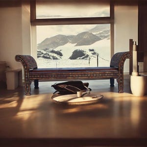 May include: A dark brown leather bench with intricate inlaid designs. The bench has a curved back and armrests and sits in front of a large window with a snowy mountain view.