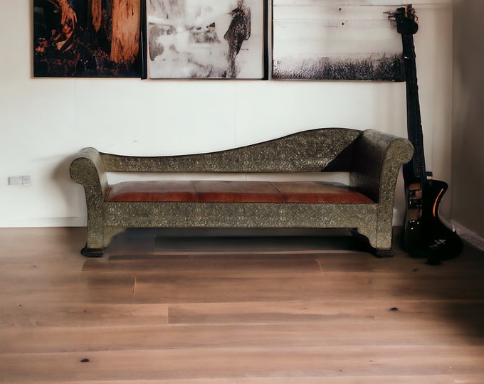 Unique Handmade moroccan silver metal and upholstered leather bench, furniture sofa for  bedroom, living room one of a kind home decor