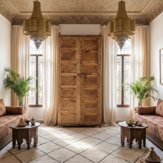 ☆年末年始SALE☆　アラビア語 木版 モロッコ Vintage Arabic Calligraphy Carved Cedar Double Door: Moroccan Home