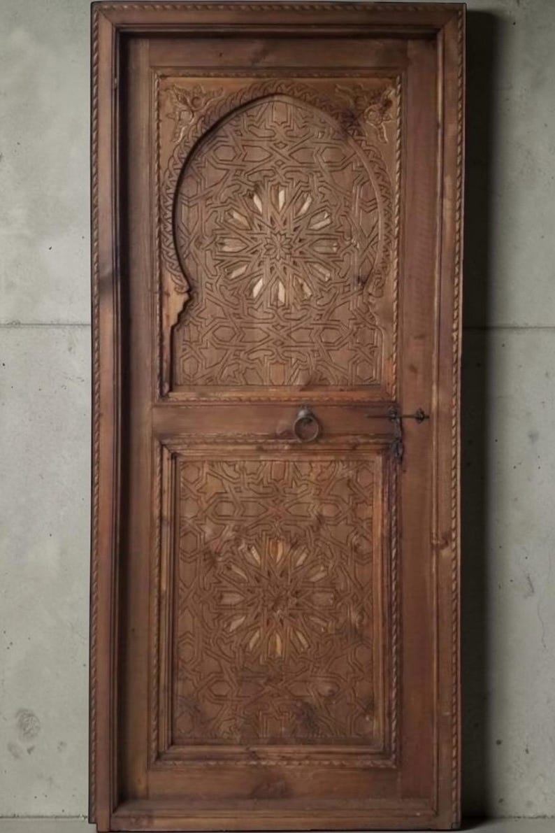 Hand Carved Moroccan Door - Moorish Architectural Woodwork, 79" x 35" image 3