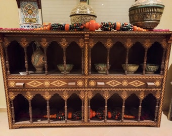 Marrakesh African wooden cabinet hand carved shelf moorish arches moroccan kitchen furniture middle eastern Arabian bedroom decor