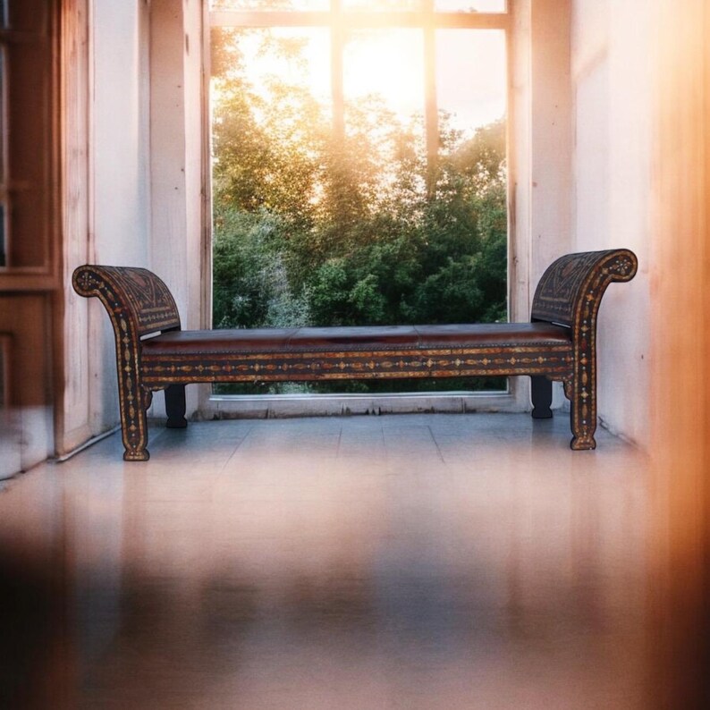 Vintage Moroccan Leather Bench, Orange Bone Inlay, One-of-a-Kind Sofa image 4