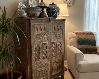 Vintage Hand-Carved Solid Wood Moroccan cabinet: armoire Tribal African Bedroom Furniture