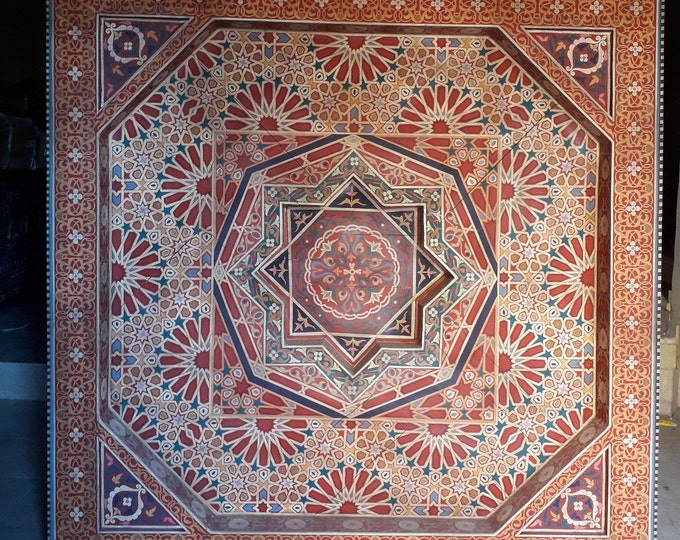 One of a kind Traditional Vintage geometric painted Moroccan wooden ceiling panel living room or bedroom unique architectural star medallion