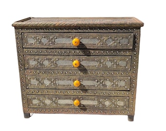 Moorish vintage Moroccan handmade silver metal cabinet with metal drawers unique buffet furniture for bedroom living room  hummered dresser