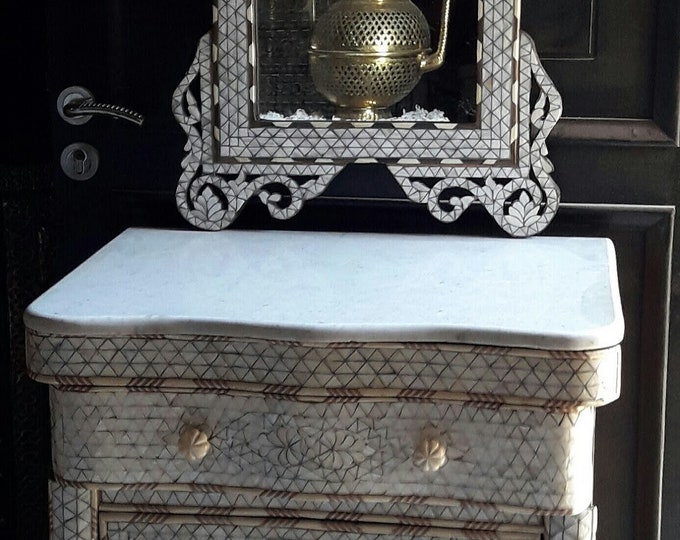 Unique handmade marble top mother of pearl inlay nightstand with mirror middle easten moroccan harem sultan home decor