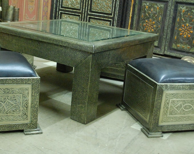 Gorgeous silver metal moroccan set metal table & four leather seats for living room bedroom indoor home decor furniture