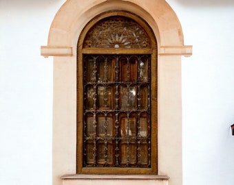 Antique jewish riad large wrought iron filigree art window, moorish architecture wall hanging decoration wood work glass moroccan home decor