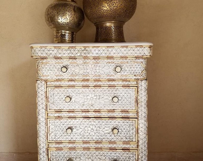 Vintage white mother of pearl inlay nightstand with marble top middle easten shell cabinet syrian chest of drawers bedroom furniture