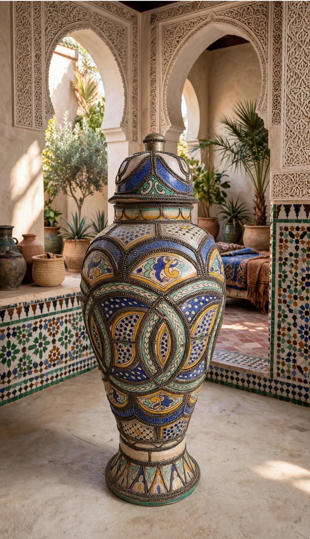 19世紀Antique Moroccan ceramic vase Antique Fez Clay Urn, Embossed Brass Wirework Overlay, Hand