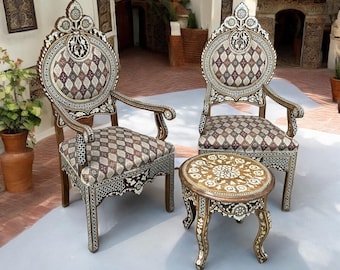 Exquisite abalone antique syrian mother of pearl inlay white shell fabric chairs ottoman empire furniture