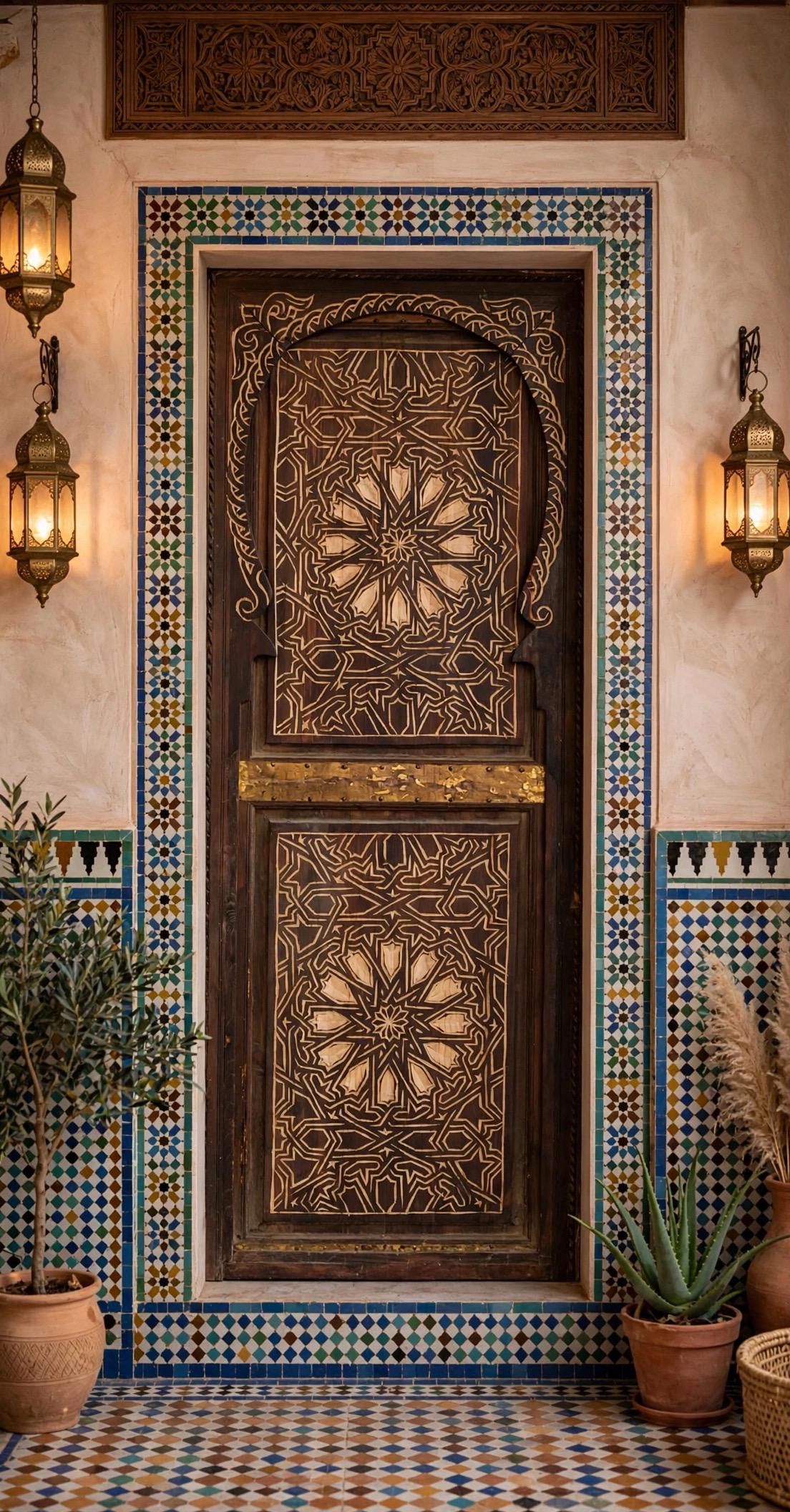 Vintage Moroccan Door, Geometric Hand Carved Wooden Panel (77x31