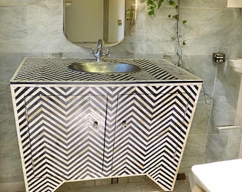Handmade bone and resin Moroccan bathroom sink vanity cabinet with silver metal vessel sink