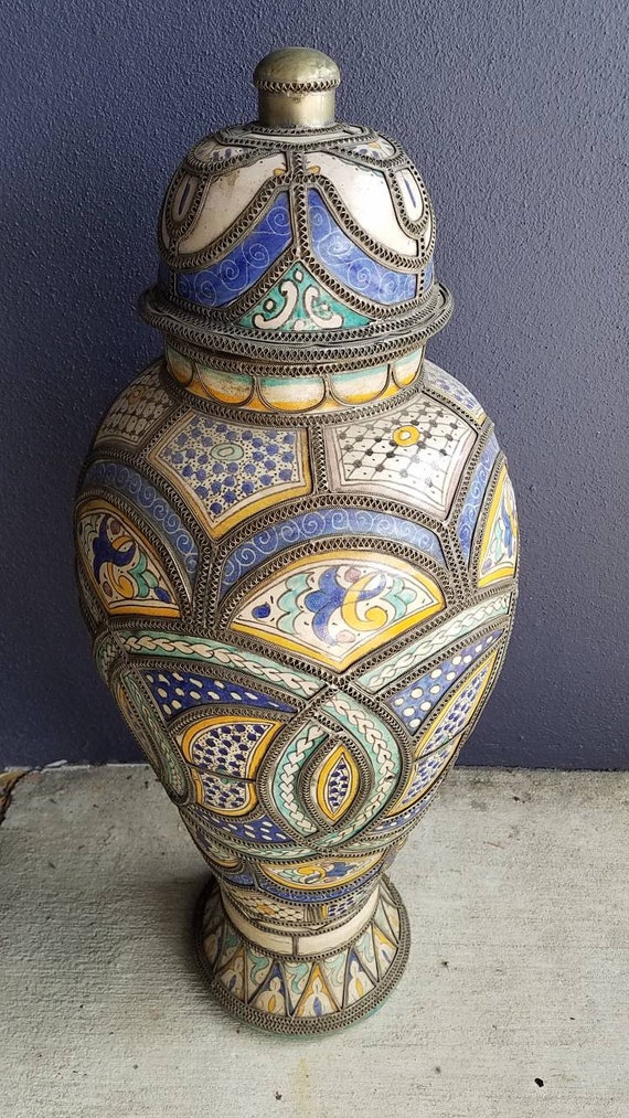 Vintage Hand Carved Moroccan Pottery Vase, Metal Accents - Etsy