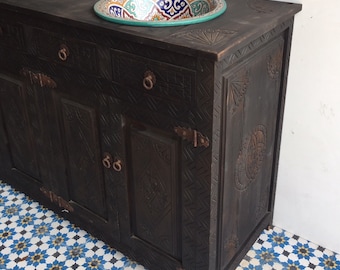 Unique hand carved moroccan bathroom sink vanity moorish african  carved cabinet comes with two pottery sinks clay vessels