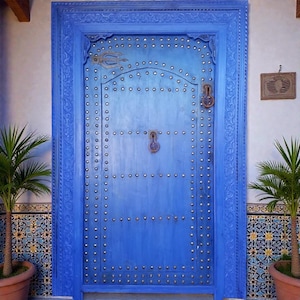 Hand Carved Moroccan Cedar Door, Blue Palace Gate (84x57)