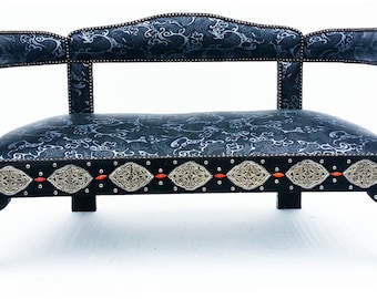 Unique vintage handmade moroccan silver metal upholstered  bench, moroccan furniture sofa  bedroom, living room home decor