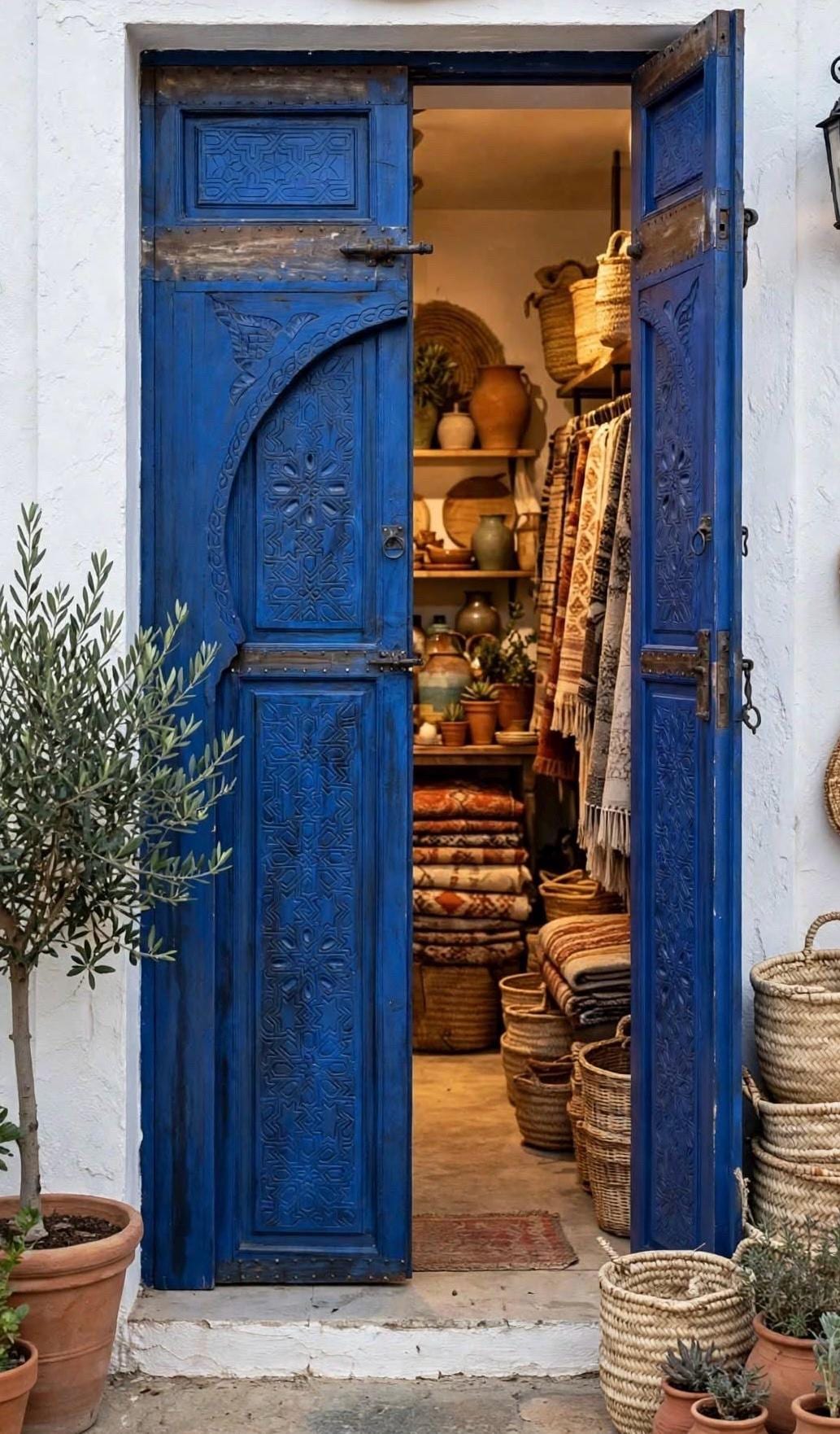 Handmade Moroccan Blue Double Door: Vintage Moorish Cedar Artwork