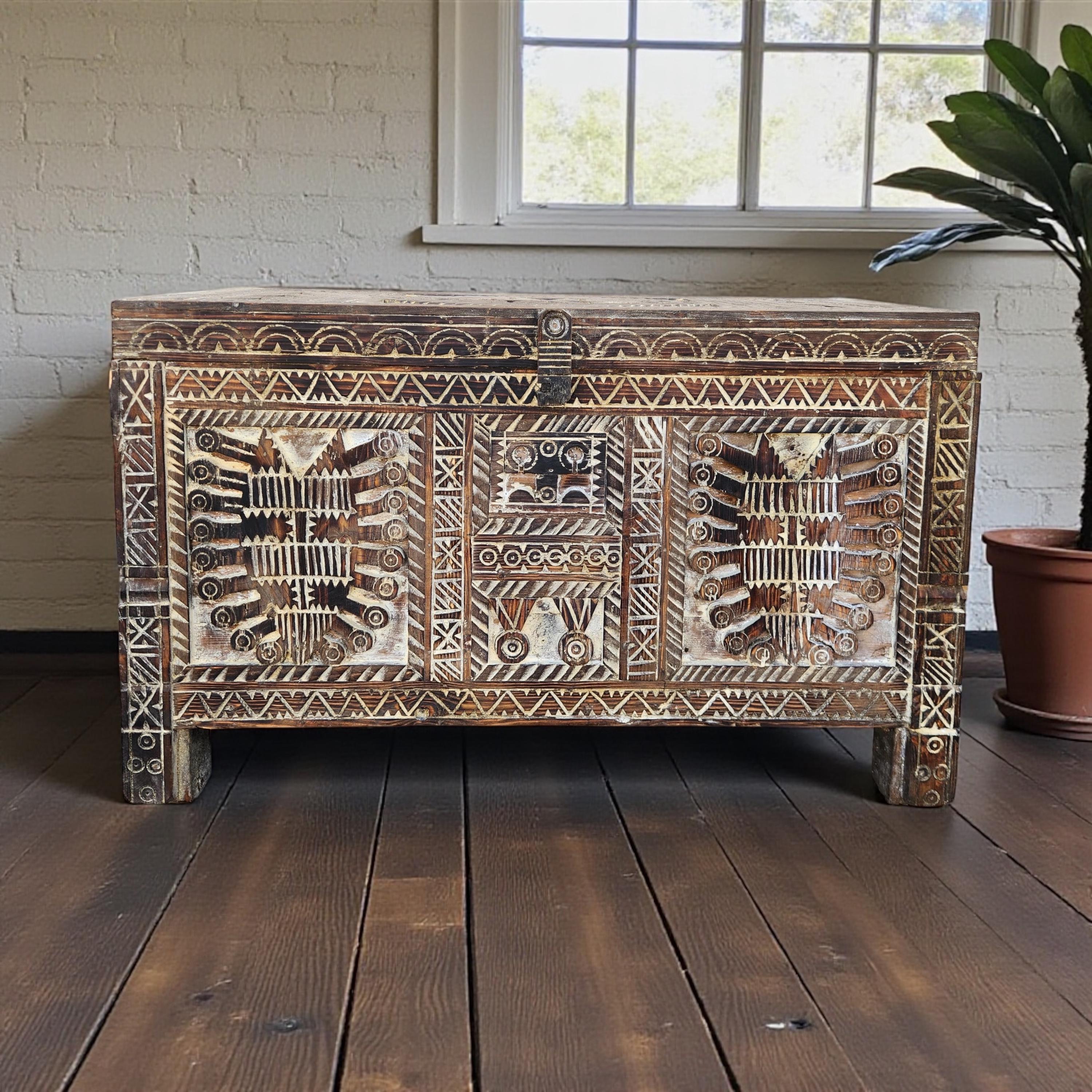 Vintage Carved Wood Moroccan Chest, Handmade Ethnic Furniture (64