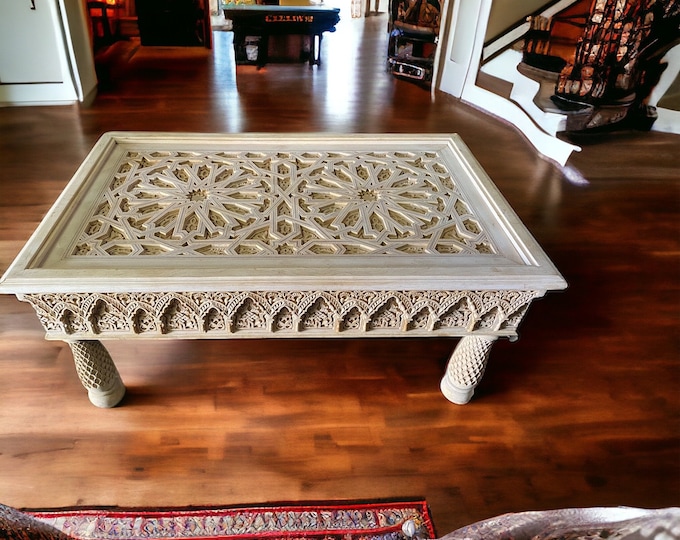 Andalusian carved moroccan wooden artwork table for living room or bedroom handmade Moroccan carved furniture