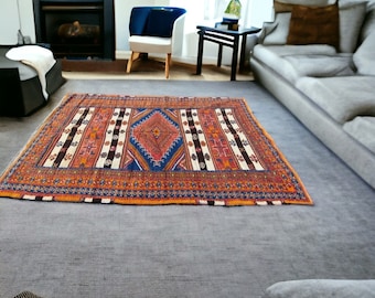 107” x 62” vintage rug handwoven moroccan carpet for living room area or bedroom bohemian rustic berber rug African motifs and patterns