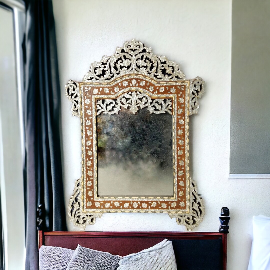 Vintage Syrian Inlay Mirror, Mother of Pearl, Handmade Moroccan