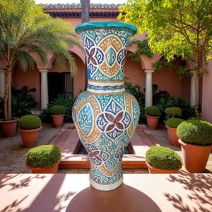 May include: A large, ornate ceramic vase with a wide base and flared top. The vase features a detailed, colorful pattern in shades of blue, orange, and teal. The design includes floral and geometric motifs, creating a decorative piece.