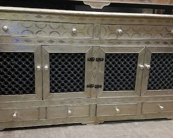 Moroccan royal handmade silver metal cabinet with metal drawers and mousharabia door panels unique buffet furniture for bedroom living room