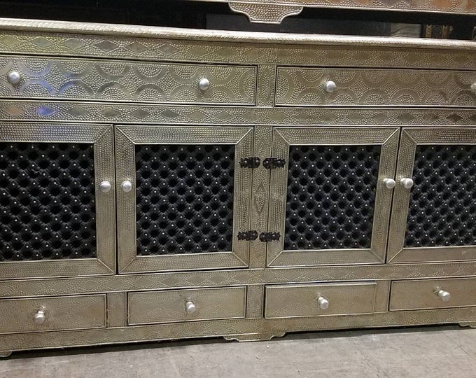 Moroccan royal handmade silver metal cabinet with metal drawers and mousharabia door panels unique buffet furniture for bedroom living room