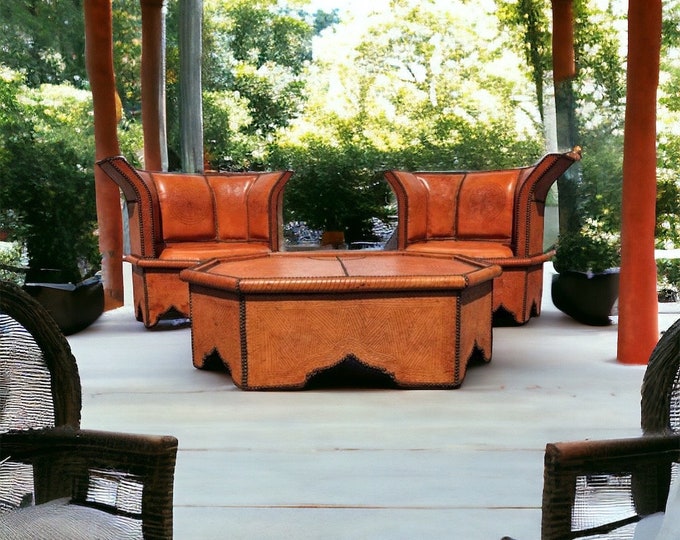 Vintage orange leather set, handmade moroccan bedroom table with chairs. This is the missing piece for your living room furniture