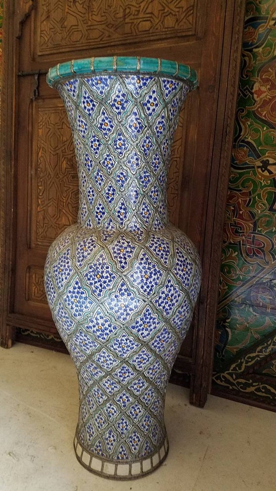 Hand Carved Vintage Moroccan Vase, Hand Painted Pottery, Metal