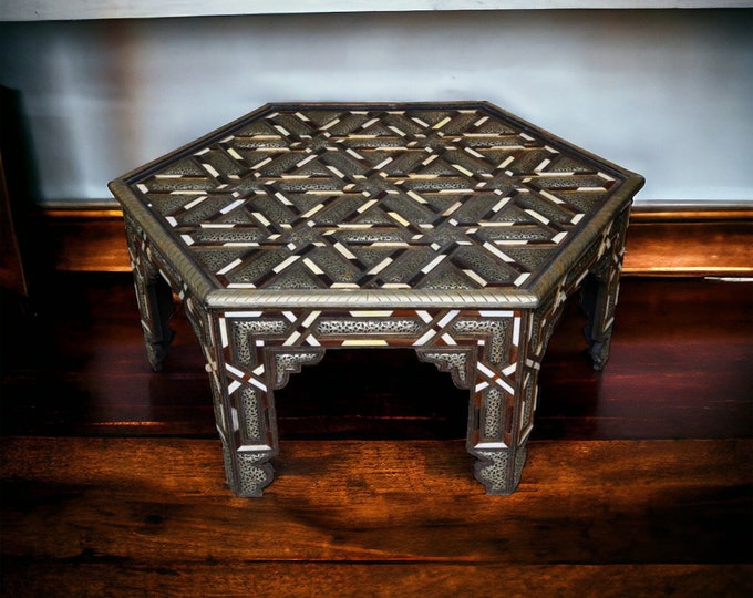 Royal vintage inlay silver and bone living room table geometric moorish artwork moroccan furniture for your home unique middle eastern table