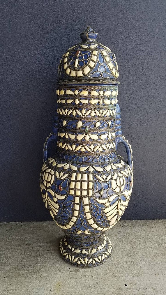 Hand Carved Camel Bone Moroccan Vase, Metal Accents - Etsy