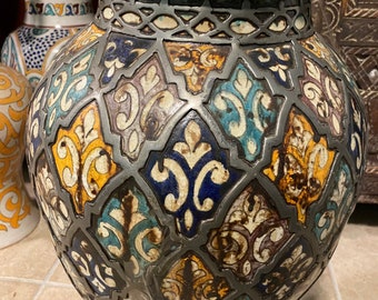 Vintage Moroccan Vase With Lid, Handmade Pottery, Metal Accents - Etsy
