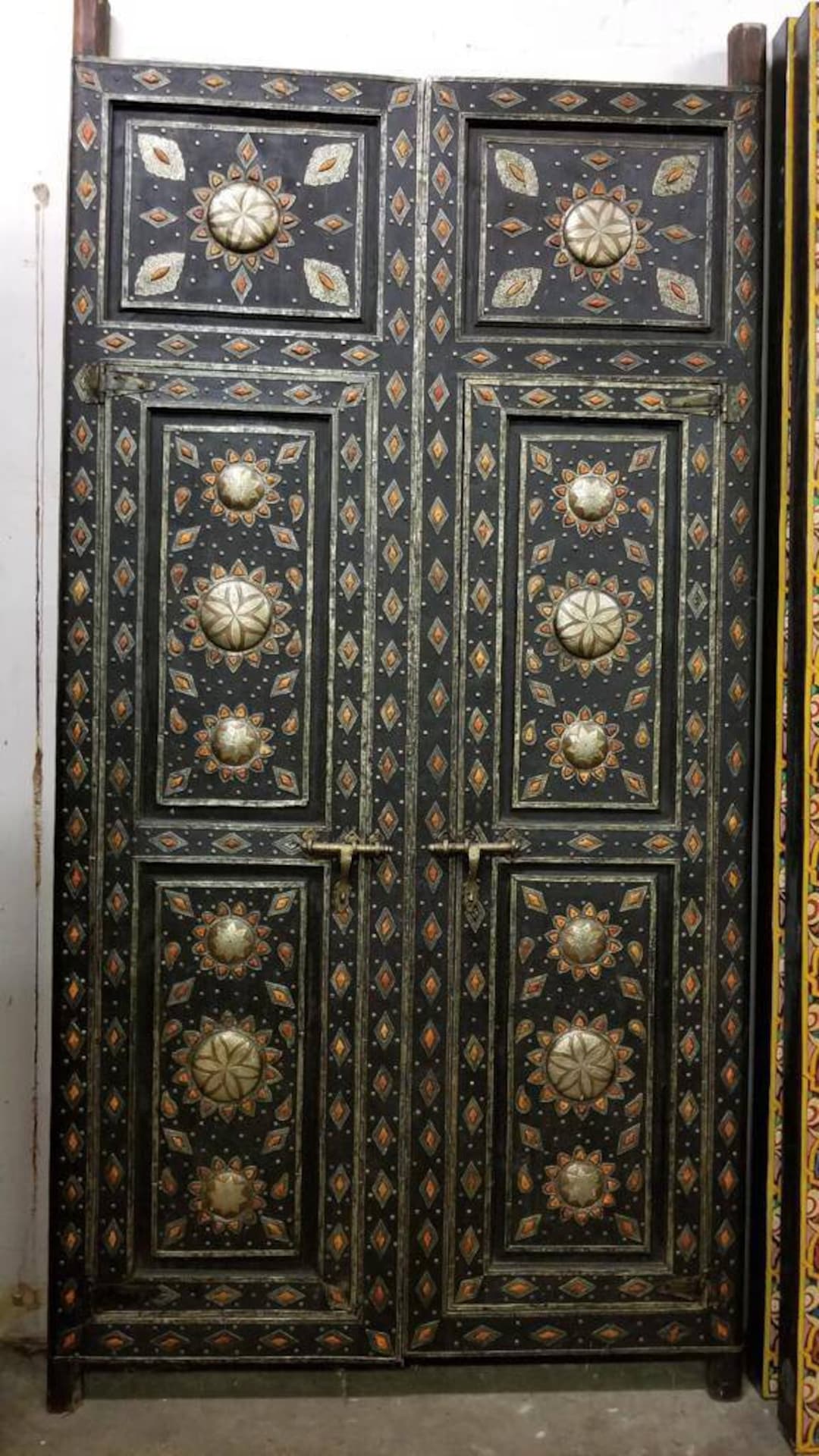 Vintage Moorish Palace Door: Camel Bone, Silver Metal Inlaid Cedar