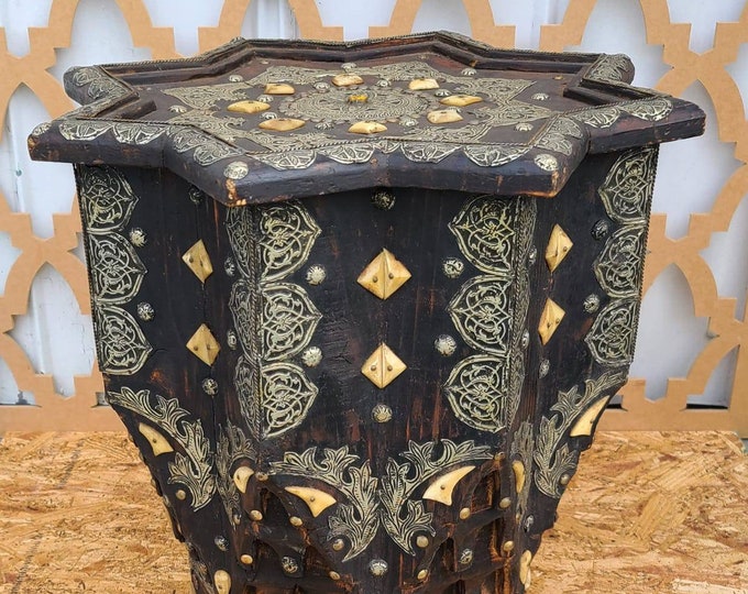 Vintage star bone inlay table embellished with silver metal , moroccan table, living room bedroom middle eastern sultan palace furniture