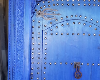 Harem sultan blue extra large palace door hand carved trim indoor outdoor moroccan wooden gate with metal knockers & metal head nails