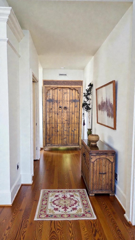Vintage Moroccan Double Door: Handmade Carved Cedar With Metal