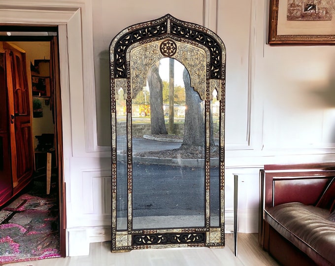 A unique conversation piece moroccan large mirror Vintage handmade inlay white bone silver metal mirror for living room bedroom wall mirror