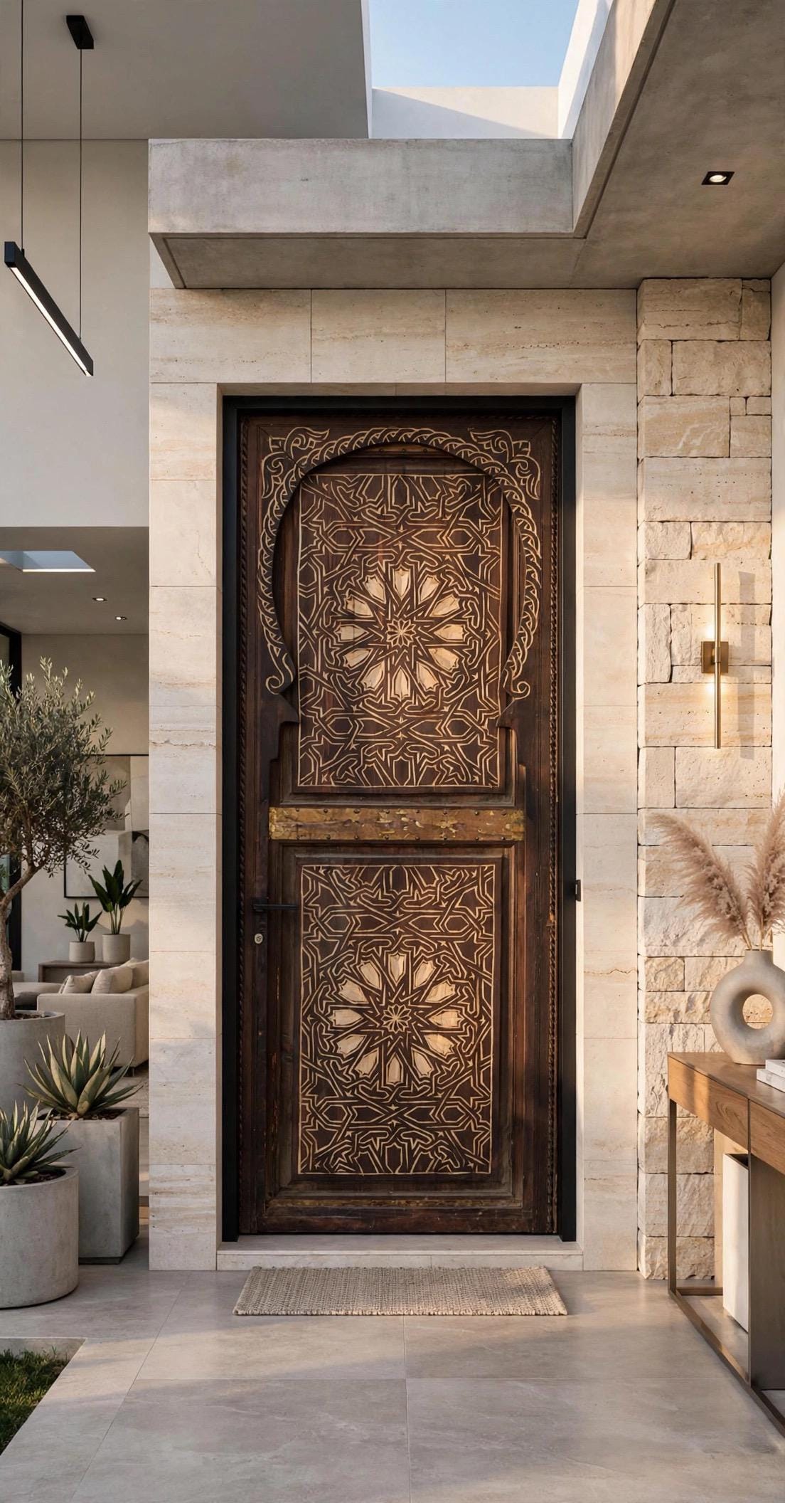 モロッコ　オールド Vintage Moroccan Door, Geometric Hand Carved Wooden Panel (77x31