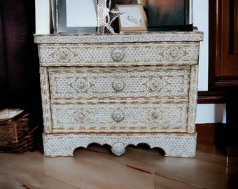 Vintage White shell syrian mother of pearl dresser cabinet for bedroom, living room or office, inlaid moroccan shell/ bone chest of drawers