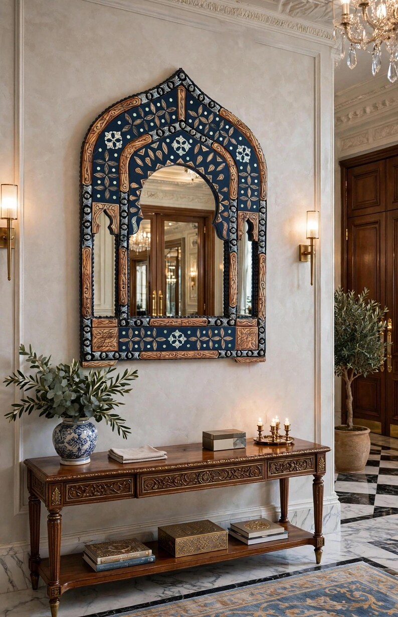 May include: An arched wall mirror featuring a dark blue frame with intricate light-colored floral patterns and carved wood accents. The mirror has a pointed top and a rectangular base, with a reflective glass surface that shows a room interior.