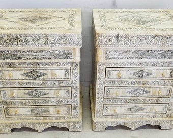 Two Vintage white bone inlay nightstand cabinet middle easten dresser cabinet moroccan chest of drawers bedroom furniture