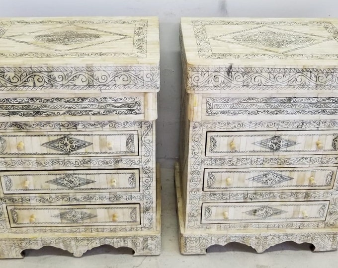 Two Vintage white bone inlay nightstand cabinet middle easten dresser cabinet moroccan chest of drawers bedroom furniture