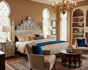 Syrian Mother of Pearl Inlay Bed with Nightstands, Middle Eastern Royal Bedroom Set