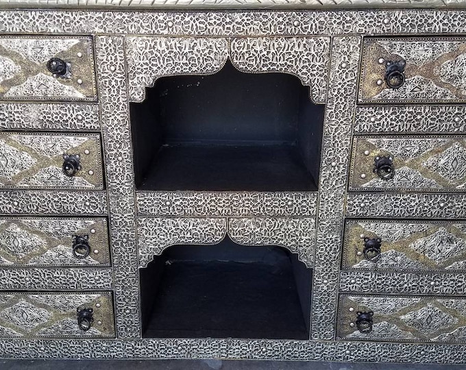 Handmade vintage 8 silver metal drawers cabinet Unique Moroccan unique buffet bedroom living room furniture ethnic rustic home decor theme