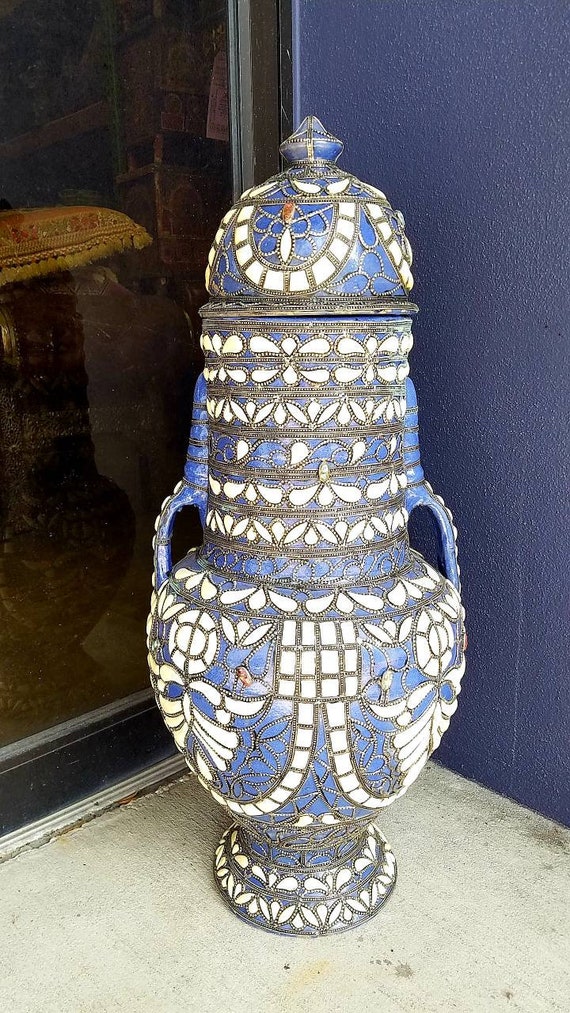 19世紀Antique Moroccan ceramic vase Hand Carved Camel Bone Moroccan Vase, Metal Accents - Etsy